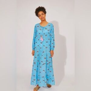 Compania Fantastica Long Maxi Beachwear Dress Blue Ostrich Print Cotton Size M